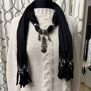 Elegant Black Scarf Necklace with Silver Accents